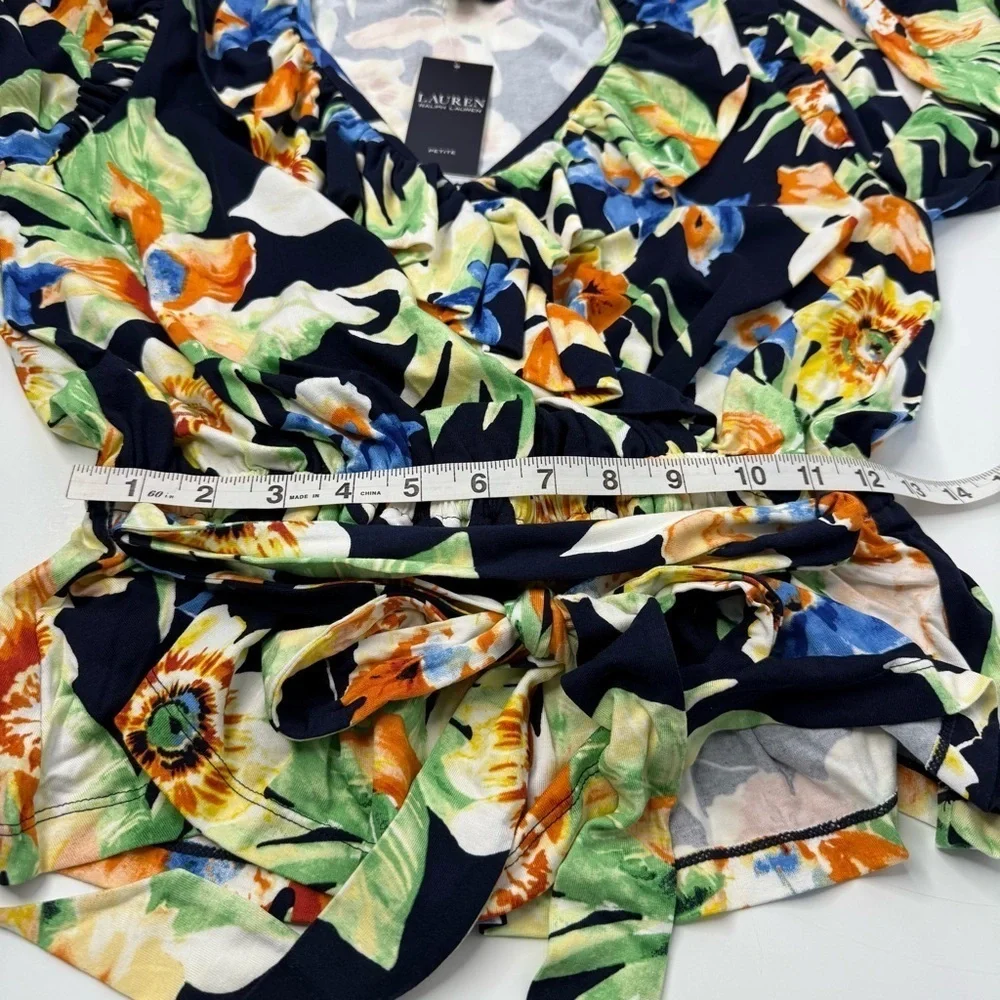 Lauren Ralph Lauren Floral Jersey Belted Peplum Top Women M Ruffles Tropical - Picture 15 of 15